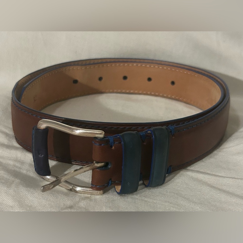 Peter Millar Men's Two Toned Genuine Leather Belt | Blue/Brown | Size 32